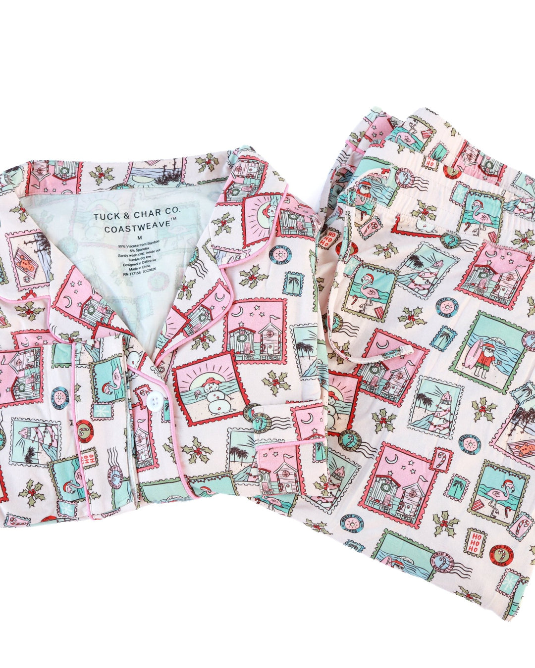Pink Coastal Postcards Adult Unisex Button-Down Pajama Set - Tuck &amp; Char Co.
