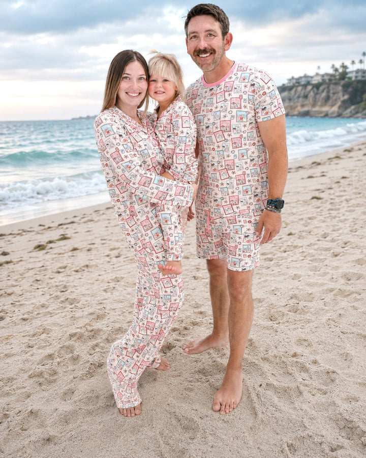 Pink Coastal Postcards Adult Unisex Button-Down Pajama Set - Tuck &amp; Char Co.