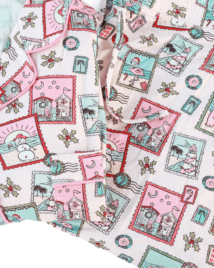 Pink Coastal Postcards Adult Unisex Button-Down Pajama Set - Tuck &amp; Char Co.