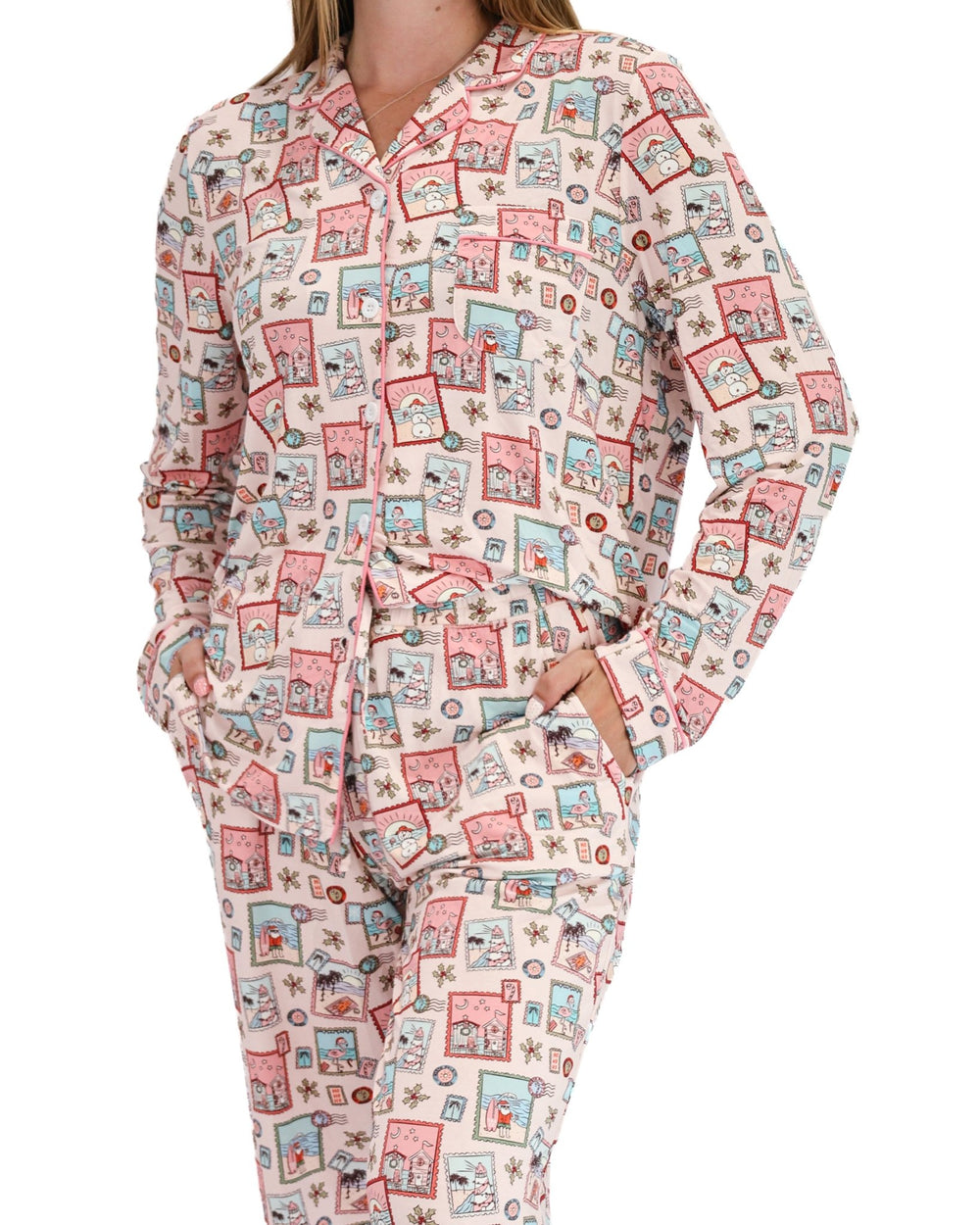 Pink Coastal Postcards Adult Unisex Button-Down Pajama Set - Tuck & Char Co.