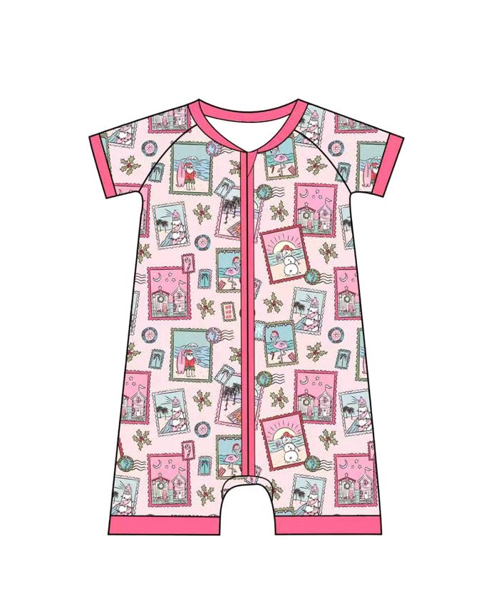 Pink Coastal Postcards Baby Shortie Pajamas - Tuck & Char Co.