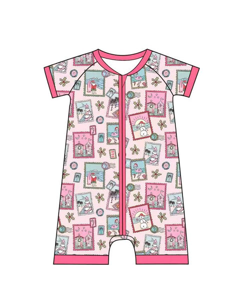 Pink Coastal Postcards Baby Shortie Pajamas - Tuck & Char Co.