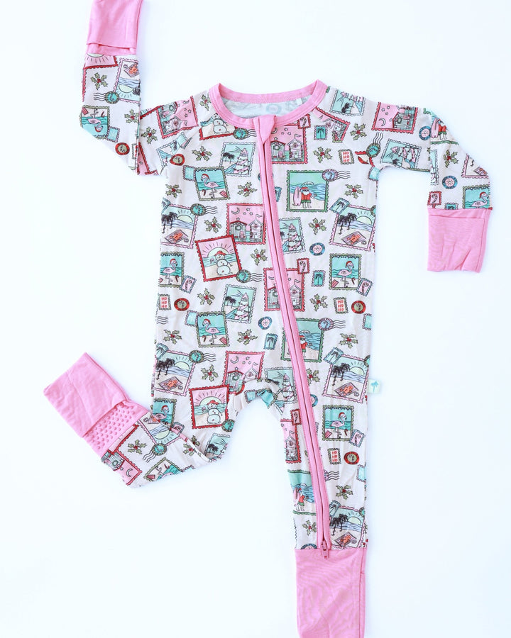 Pink Coastal Postcards Baby Zippy Pajamas - Tuck &amp; Char Co.