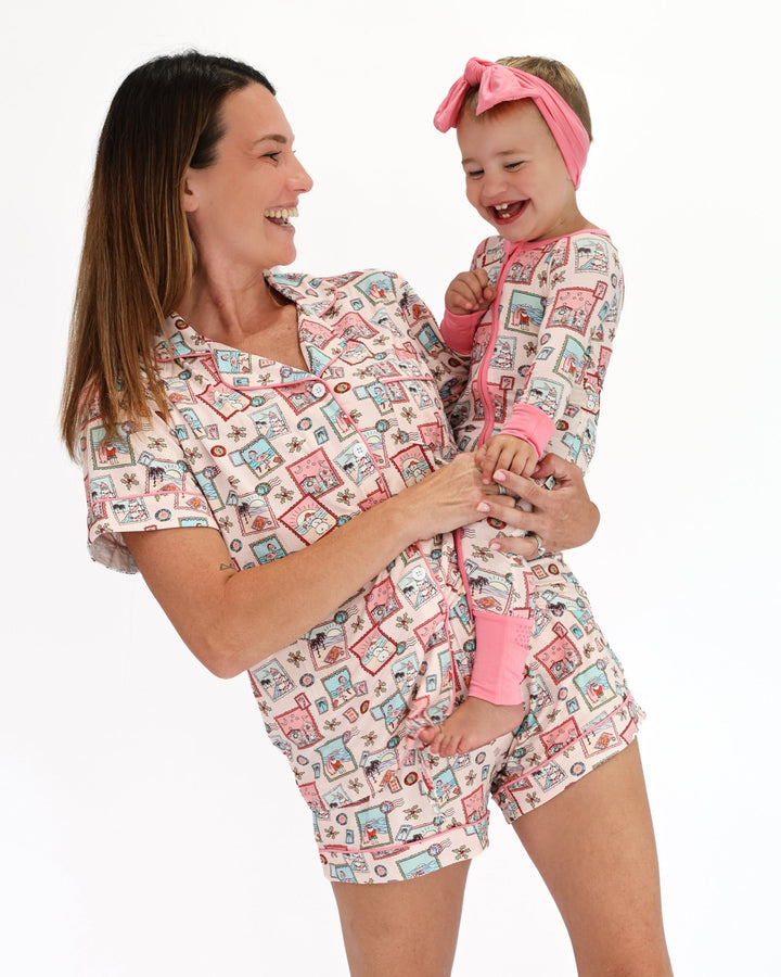 Pink Coastal Postcards Baby Zippy Pajamas - Tuck &amp; Char Co.