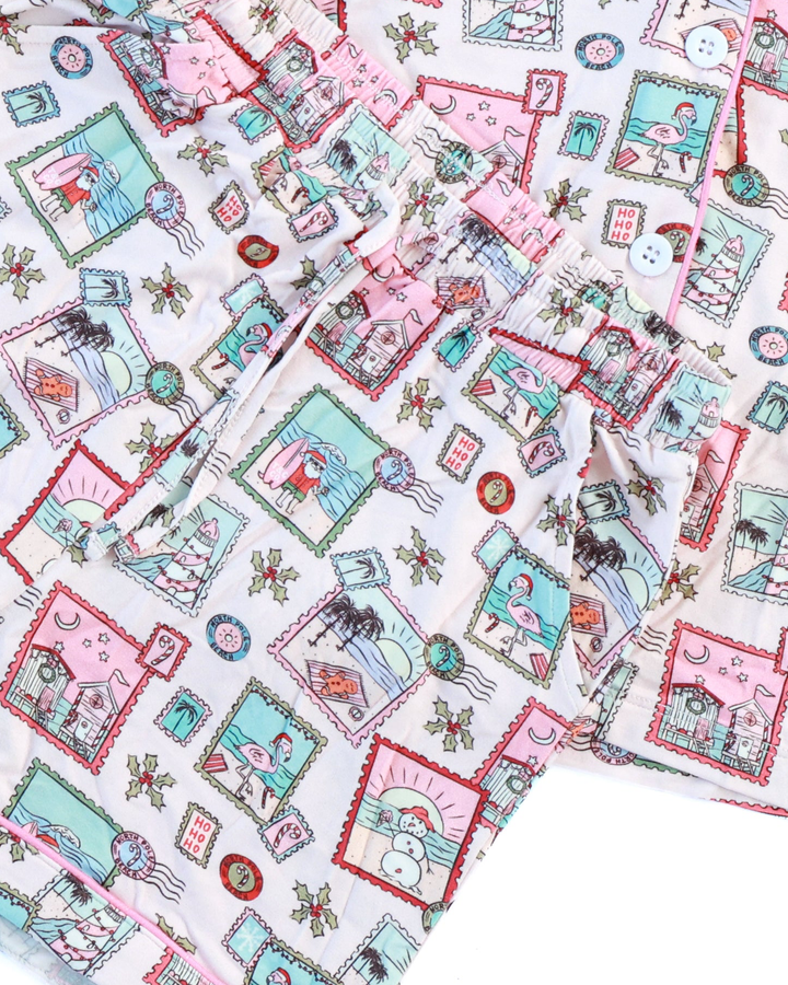 Pink Coastal Postcards Girls Button Down Short Pajama Set - Tuck &amp; Char Co.