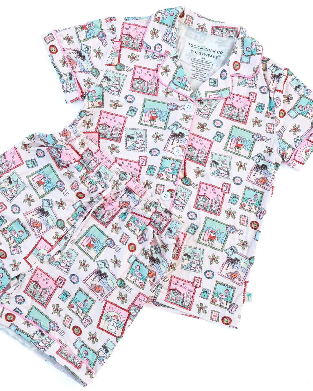 Pink Coastal Postcards Girls Button Down Short Pajama Set - Tuck & Char Co.