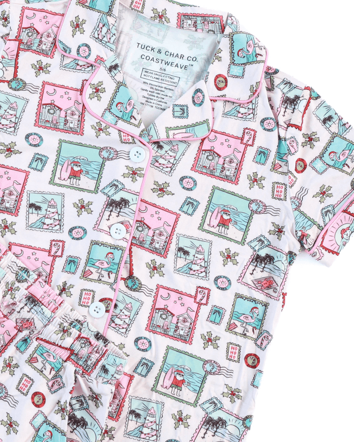 Pink Coastal Postcards Girls Button Down Short Pajama Set - Tuck &amp; Char Co.