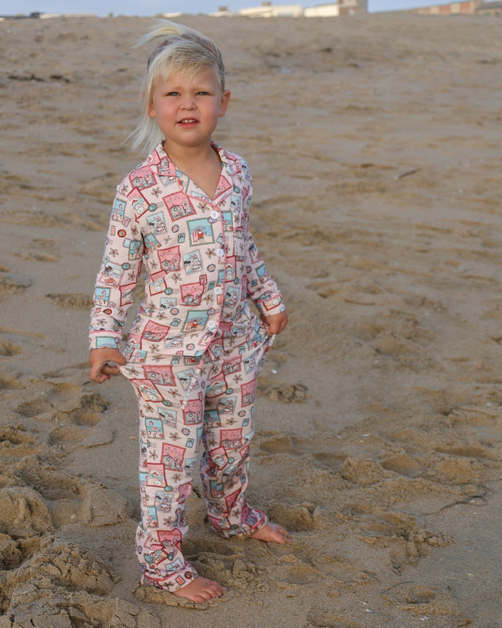 Pink Coastal Postcards Kids Unisex Button Down Pajama Set - Tuck &amp; Char Co.