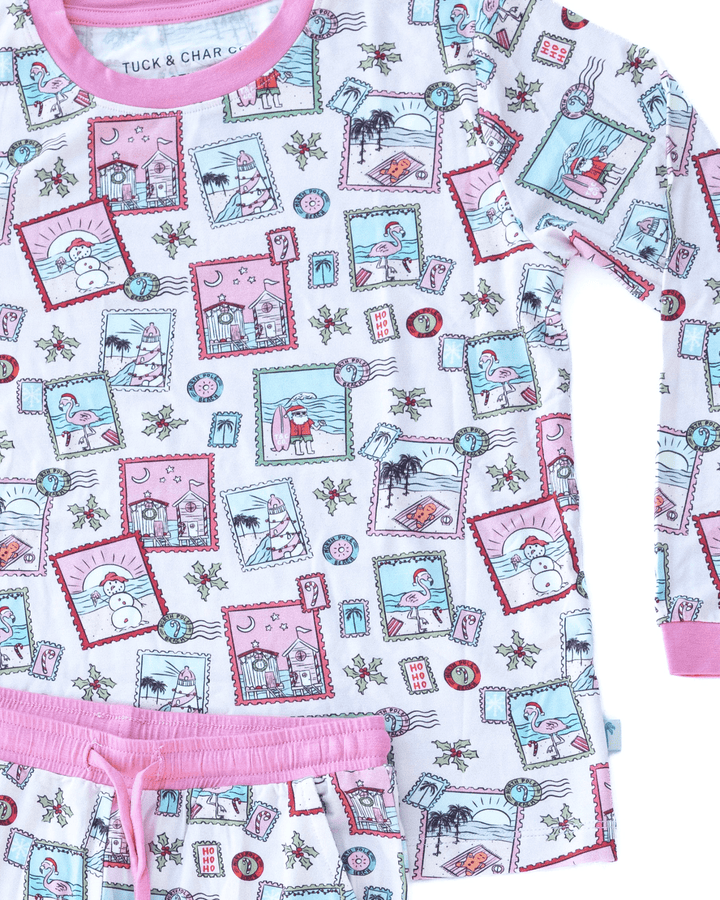 Pink Coastal Postcards Kids Unisex Jogger Pajama Set - Tuck &amp; Char Co.