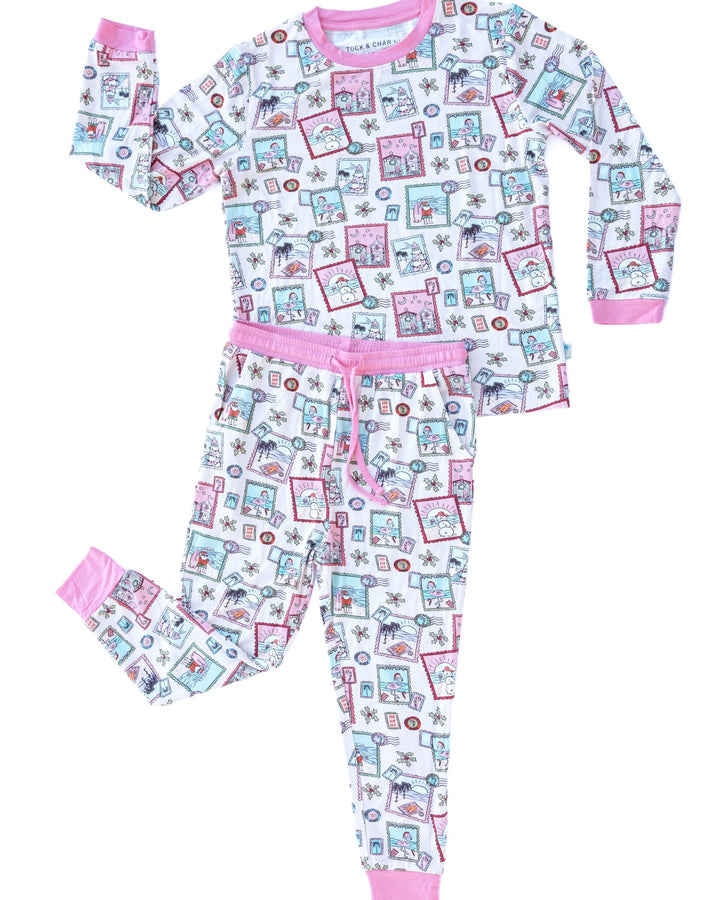 Pink Coastal Postcards Kids Unisex Jogger Pajama Set - Tuck &amp; Char Co.