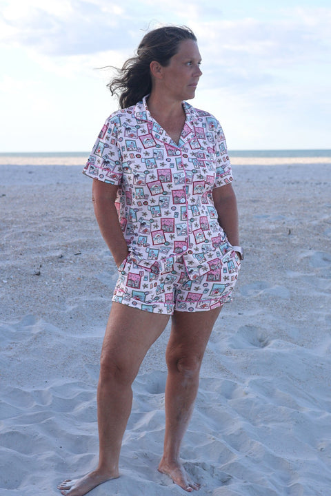 Pink Coastal Postcards Women's Button-Up Short Pajama Set - Tuck & Char Co.