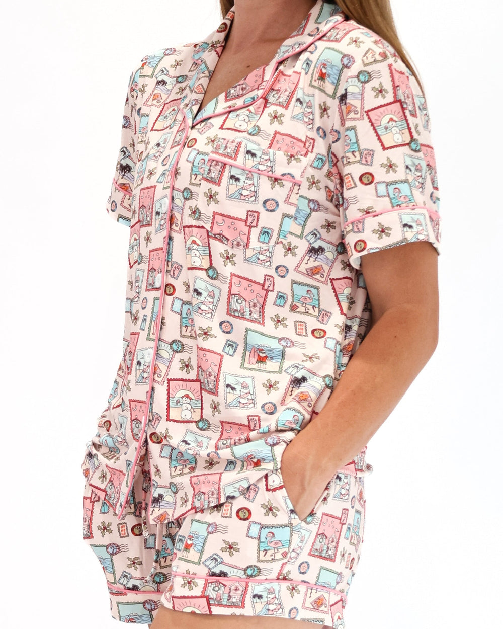 Pink Coastal Postcards Women's Button-Up Short Pajama Set - Tuck & Char Co.