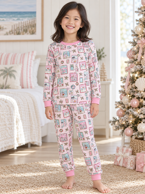 Pink Coastal Postcards Kids Unisex Jogger Pajama Set