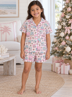 Pink Coastal Postcards Girls Button Down Short Pajama Set