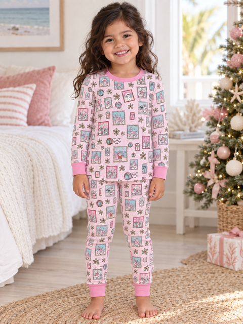 Pink Coastal Postcards Kids Pajama Set
