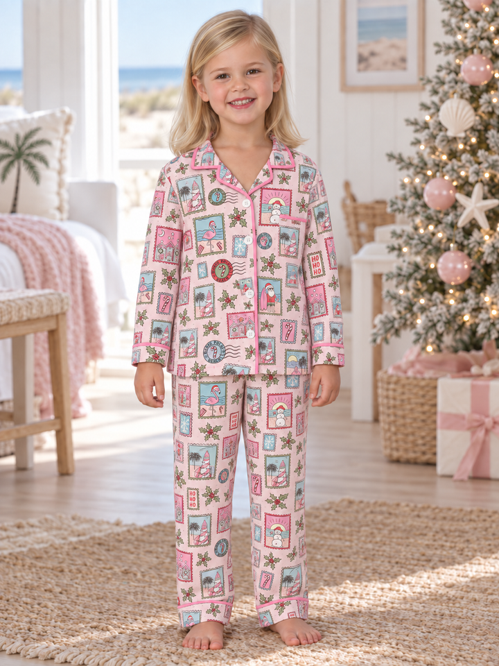 Pink Coastal Postcards Kids Unisex Button Down Pajama Set