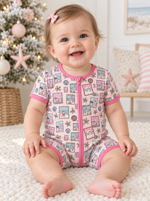 Pink Coastal Postcards Baby Shortie Pajamas