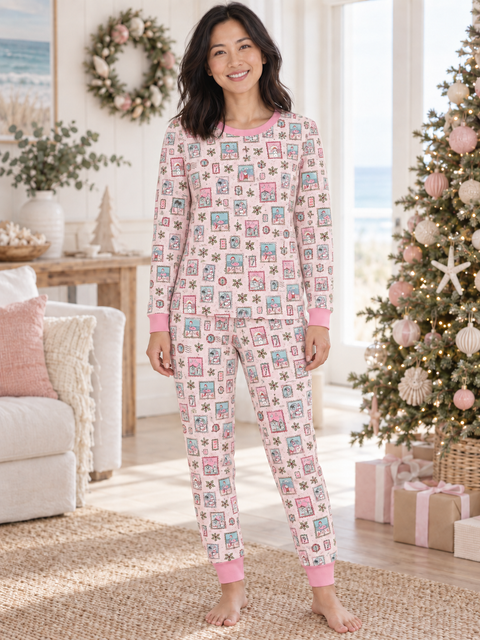 Pink Coastal Postcards Adult Unisex Jogger Pajama Set