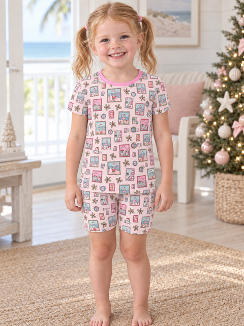 Pink Coastal Postcards Kids Short Pajama Set