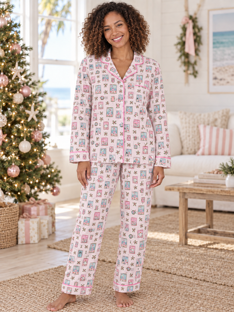 Pink Coastal Postcards Adult Unisex Button-Down Pajama Set