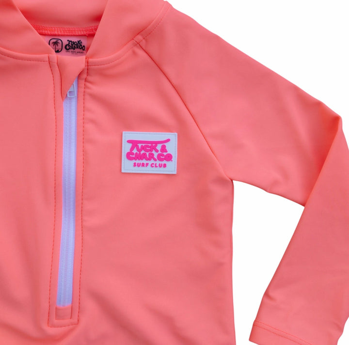 UPF 50+ Neon Coral Girls One Piece Long Sleeve Swimsuit - Tuck &amp; Char Co.