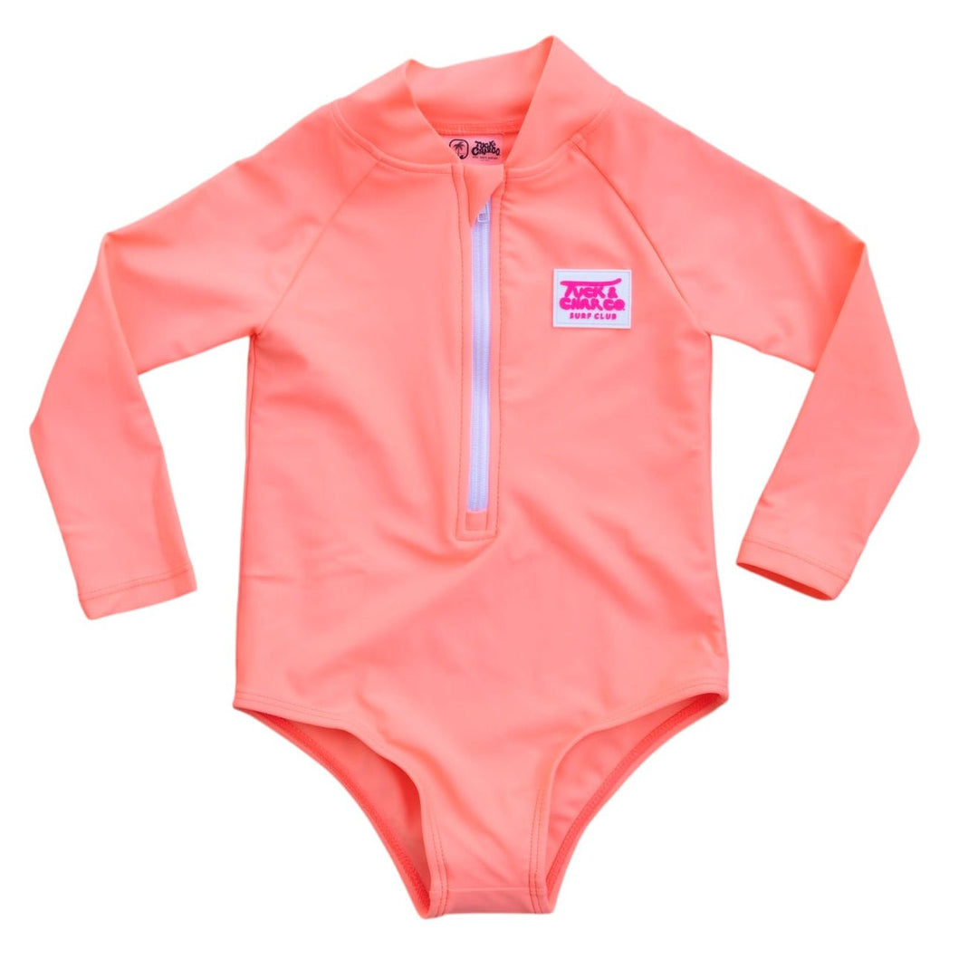 UPF 50+ Neon Coral Girls One Piece Long Sleeve Swimsuit - Tuck &amp; Char Co.