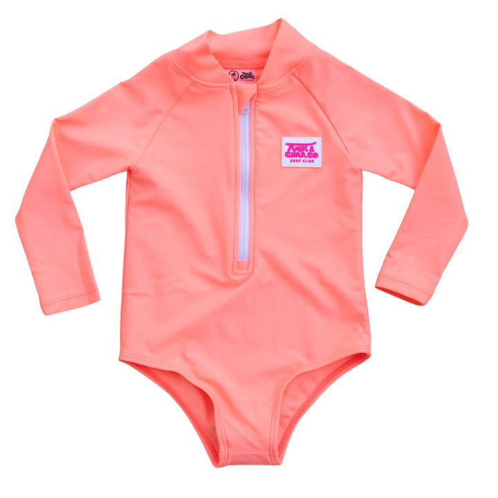 UPF 50+ Neon Coral Girls One Piece Long Sleeve Swimsuit - Tuck &amp; Char Co.