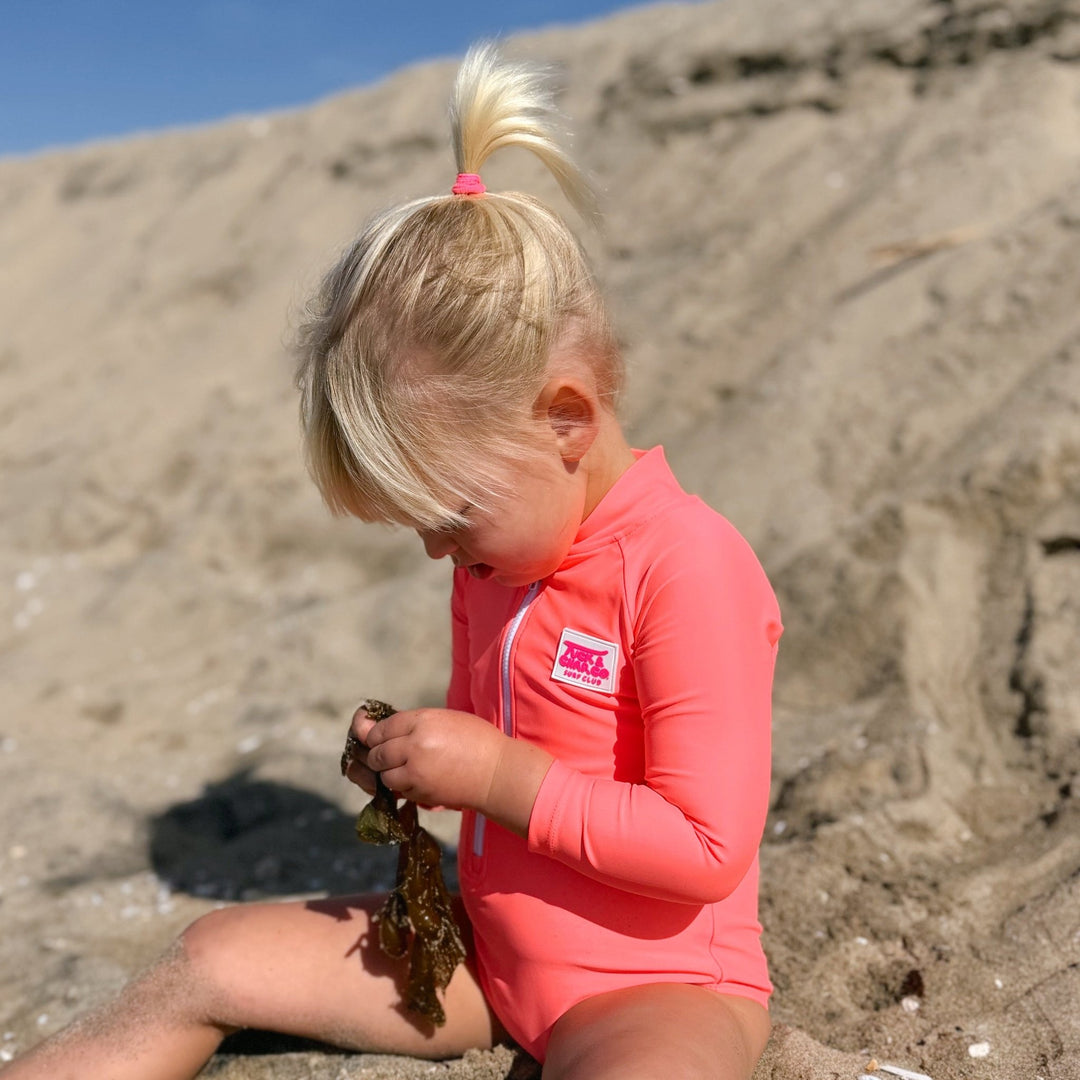 UPF 50+ Neon Coral Girls One Piece Long Sleeve Swimsuit - Tuck &amp; Char Co.