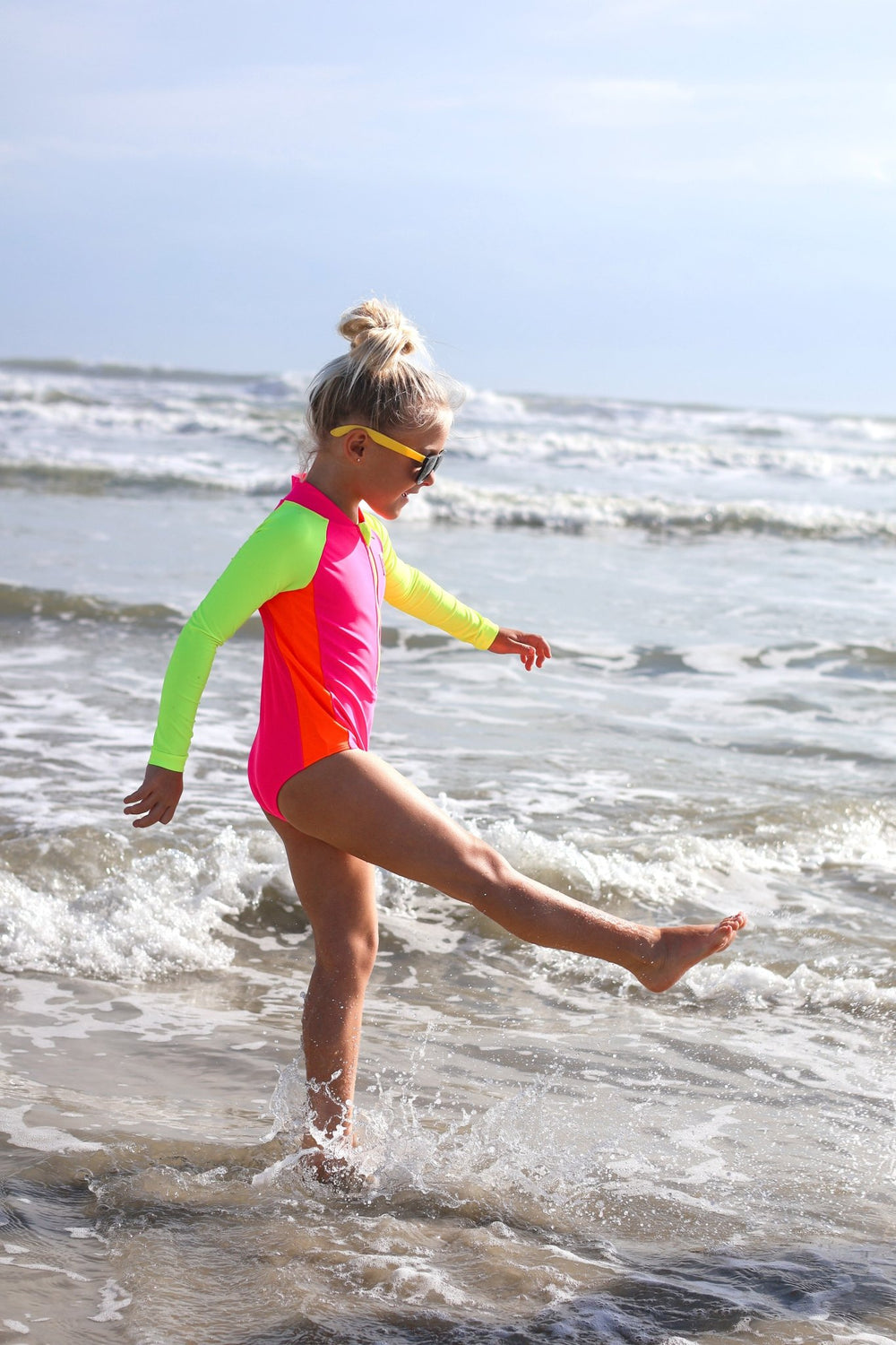 UPF 50+ Neon Pink Color Block Girls One Piece Long Sleeve Swimsuit - Tuck & Char Co.