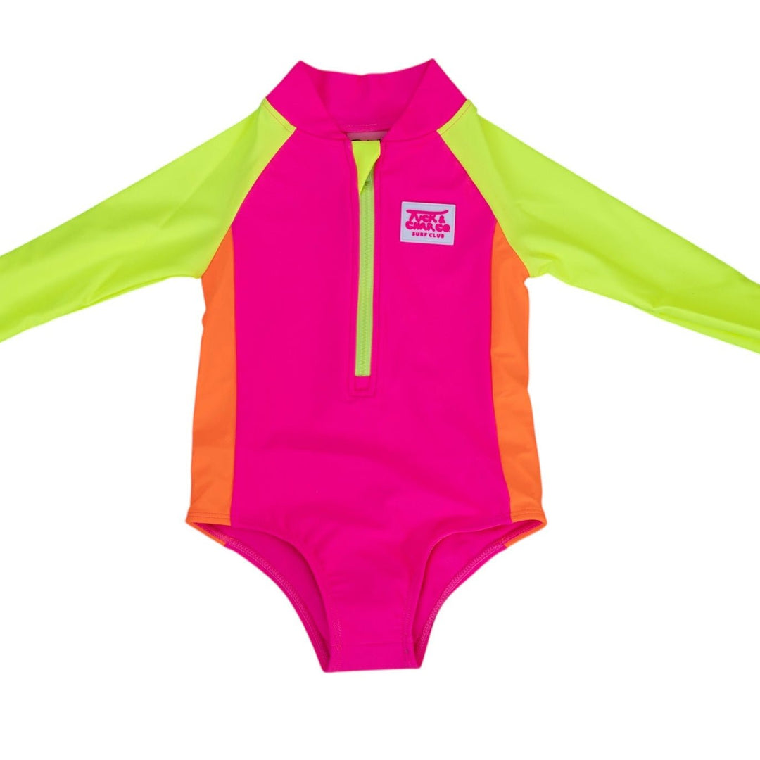 UPF 50+ Neon Pink Color Block Girls One Piece Long Sleeve Swimsuit - Tuck &amp; Char Co.