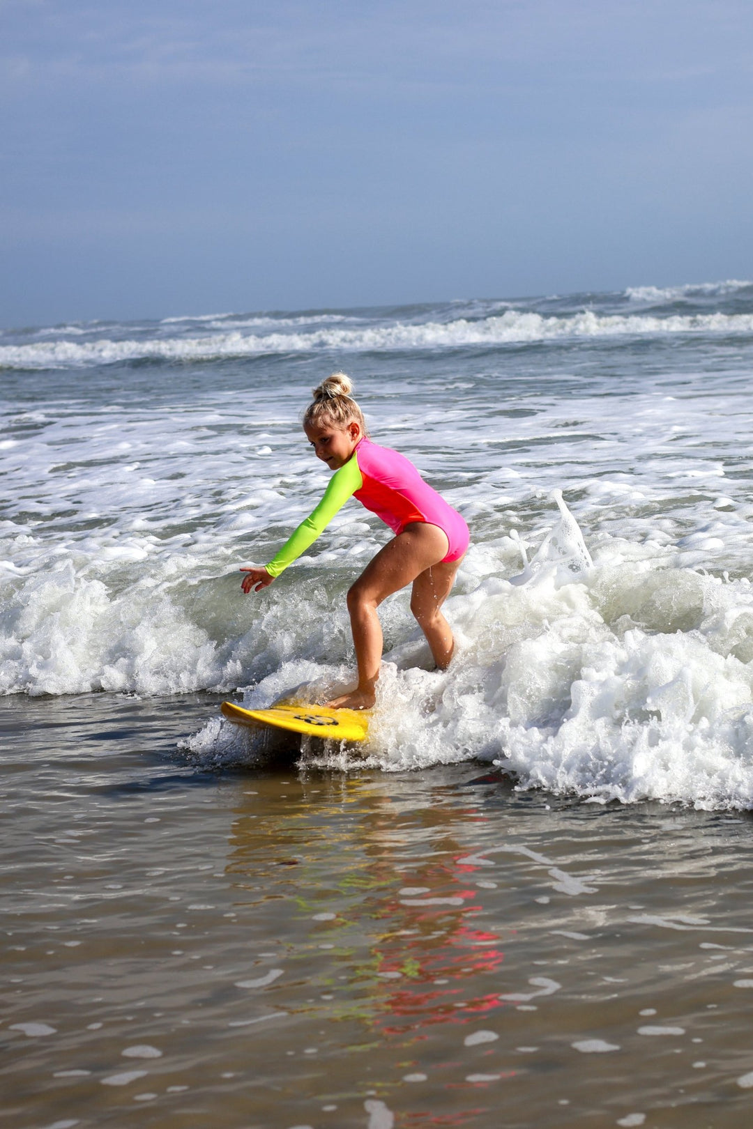 UPF 50+ Neon Pink Color Block Girls One Piece Long Sleeve Swimsuit - Tuck &amp; Char Co.