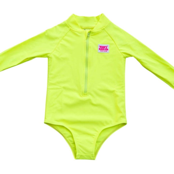 UPF 50+ Neon Yellow Girls One Piece Long Sleeve Swimsuit - Tuck &amp; Char Co.