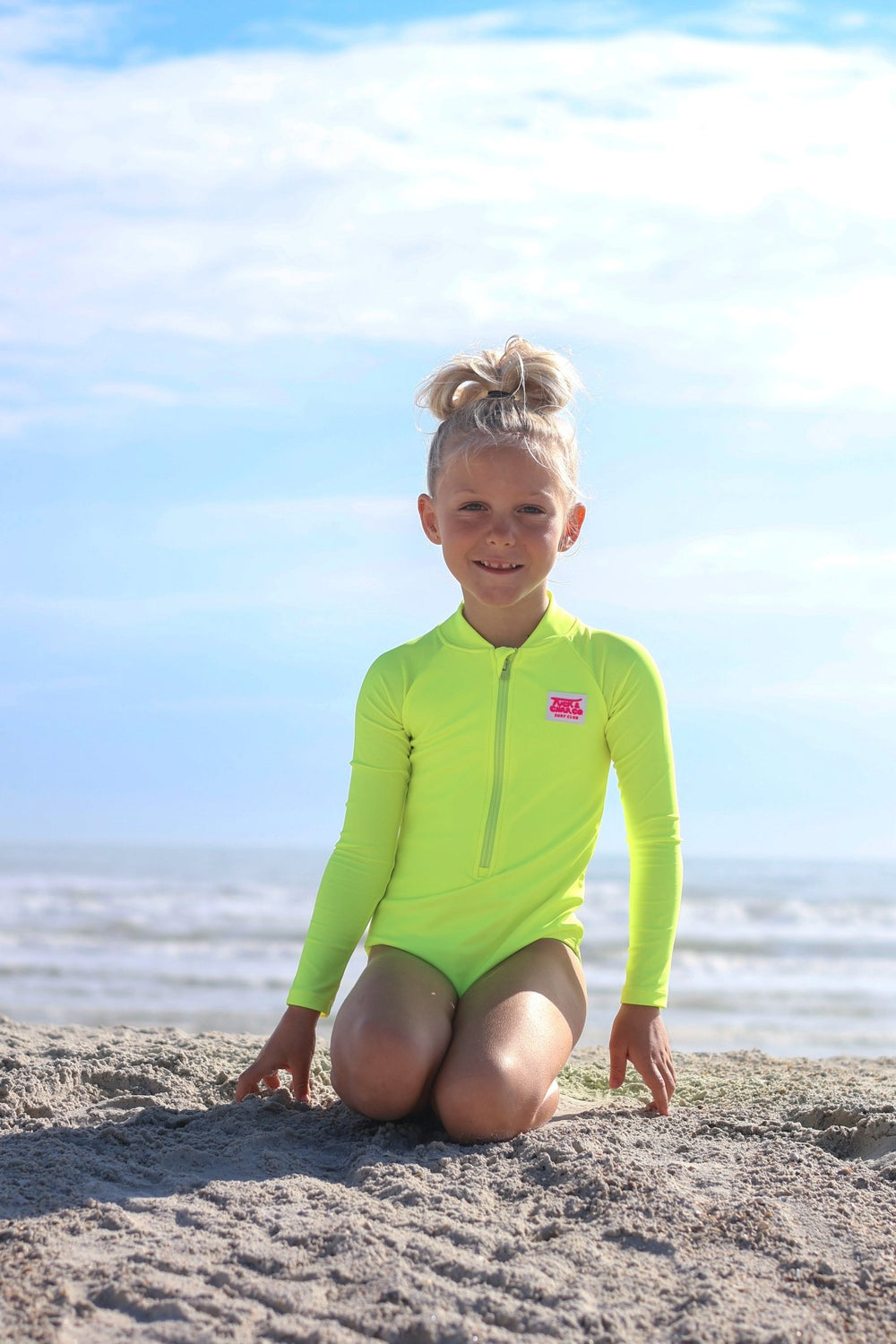 UPF 50+ Neon Yellow Girls One Piece Long Sleeve Swimsuit - Tuck & Char Co.