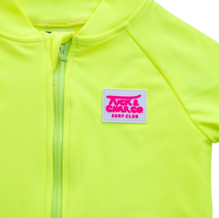 UPF 50+ Neon Yellow Girls One Piece Long Sleeve Swimsuit - Tuck &amp; Char Co.