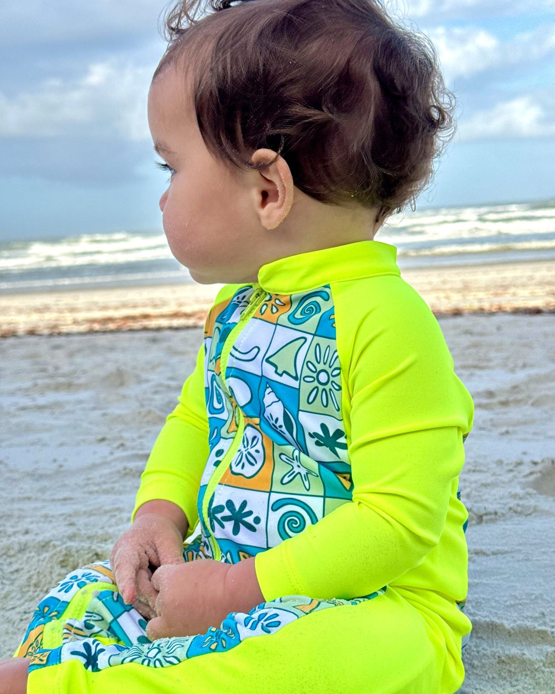 UPF 50+ Swim Romper Neon Yellow Retro Coastal - Tuck &amp; Char Co.