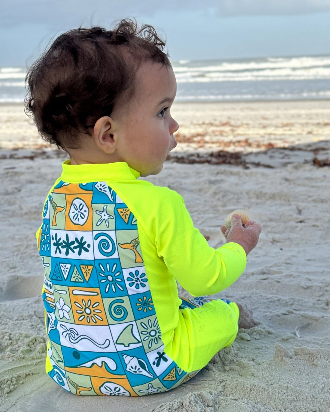 UPF 50+ Swim Romper Neon Yellow Retro Coastal - Tuck &amp; Char Co.