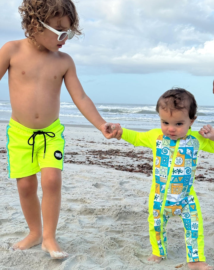 UPF 50+ Swim Romper Neon Yellow Retro Coastal - Tuck &amp; Char Co.