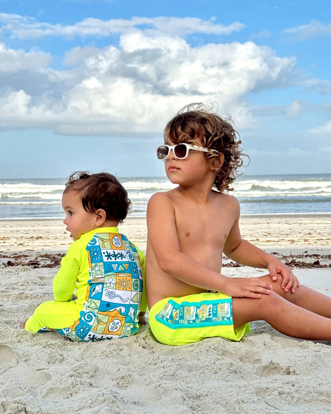 UPF 50+ Swim Romper Neon Yellow Retro Coastal - Tuck &amp; Char Co.