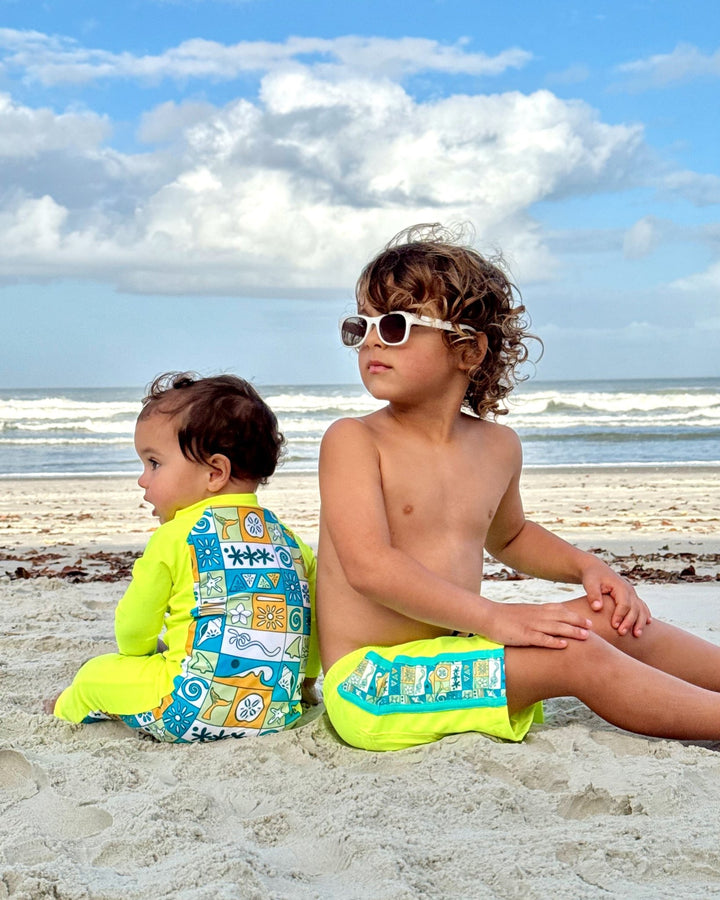 UPF 50+ Swim Romper Neon Yellow Retro Coastal - Tuck &amp; Char Co.