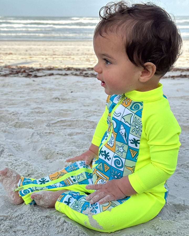 UPF 50+ Swim Romper Neon Yellow Retro Coastal - Tuck &amp; Char Co.