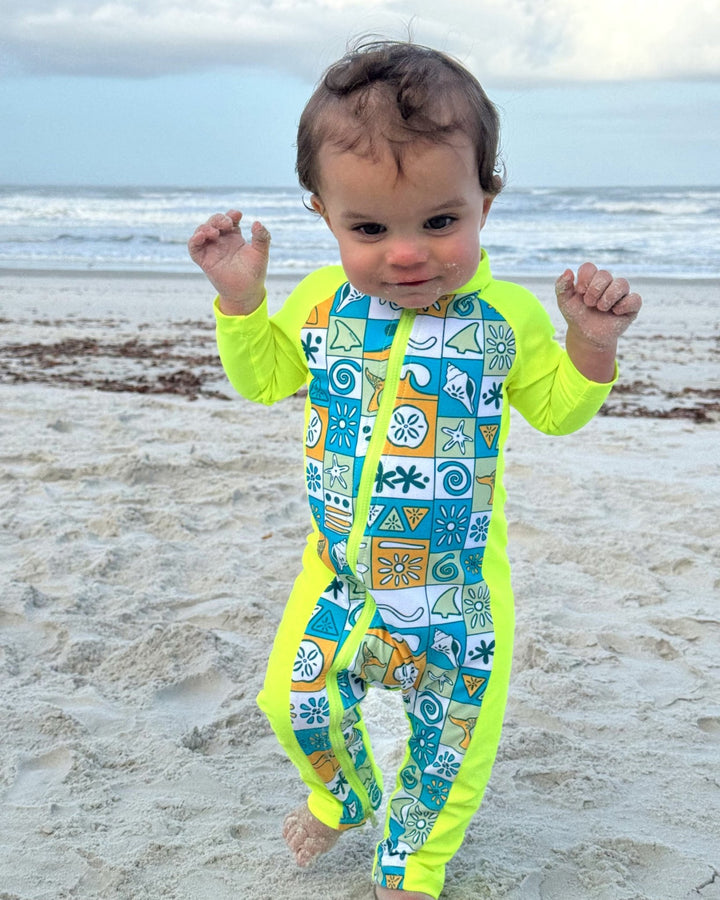 UPF 50+ Swim Romper Neon Yellow Retro Coastal - Tuck &amp; Char Co.